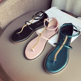 凉鞋女夏季新品 韩版T型绑带性感金属扣夹脚平底罗马鞋子黑色绿色