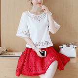 香仙妃夏季女装韩国时尚套装裙镂空宽松大码中袖上衣蓬蓬裙两件套