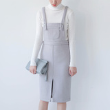 H!SUMMER 韩版冬季保暖羊毛呢高腰背带连衣中裙灰色粉色一步包裙