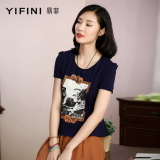 Yifini/易菲易菲2016新款圆领修身显瘦印花薄款短袖T恤女F152Z131