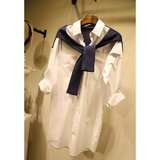 YNL韩国代购秋装新款百搭中长款开衫时尚拼接围脖假两件衬衫女装