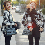 2015秋冬新款韩版女装长袖短款毛呢外套修身加厚格子学生呢子大衣