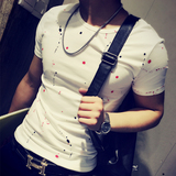 2016夏季新款男士韩版修身泼墨漆点设计圆领短袖时尚个性休闲T恤
