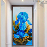欧式装饰画 走廊纯手绘油画 现代画蓝色花卉玄关画 竖向挂画包邮