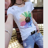 欧洲站2016夏装新款修身太阳花图案女圆领短袖体恤打底衫上衣T恤