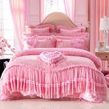 婚庆大红四件套全棉蕾丝提花贡缎床单床裙式纯棉结婚粉色床上用品