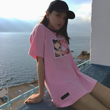韩版2016夏季女装新款粉红色中长款宽松少女卡通印花T恤短袖上衣