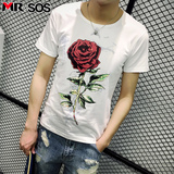 夏季短袖T恤韩版修身花卉印花圆领男装体恤玫瑰上衣潮流打底小衫