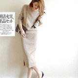 香港代购日本秋冬纯色包臀连衣裙羊毛针织两件套女时尚套装裙子秋