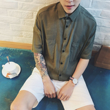 2016夏装新款纯色简约棉麻男士短袖衬衫日系做旧复古文艺宽松衬衣