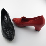 上海花王女鞋真皮单鞋尖头水钻高跟粗跟红色婚鞋黑色工作鞋5105