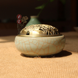 大号龙泉青瓷盘香炉陶瓷佛教用具仿古日本檀香道沉香薰炉铜盖香炉