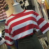 韩国大东门2016年夏季帅气红白/黑白条纹宽松中袖T恤女潮