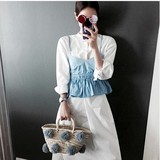 韩国代购2016夏装新款长袖白衬衫收腰系带中长款吊带衬衣连衣裙女