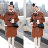 韩国2015冬牛角扣加厚棉衣鹿皮绒羊羔毛皮毛一体外套女中长款显瘦