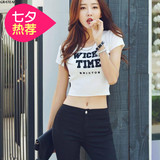 韩版性感高腰圆领短款t恤短袖女露脐紧身修身显瘦字母白色打底衫