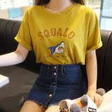 现货韩国东大门代购女装2016夏装新款宽松卡通鲨鱼圆领短袖T恤fu