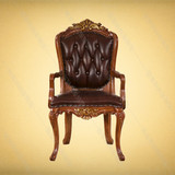 欧式特价真皮餐椅美式全实木雕花描金扶手餐桌椅古典别墅皮休闲椅