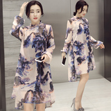 春季花色圆领纯色通勤韩版新款A型两件套印花中长款套装连衣裙