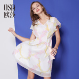OSA欧莎2016夏季新款女装 A型收腰荷叶袖抽象印花连衣裙B13266
