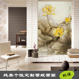 大型中国风水墨荷花竖版壁画 玄关走廊背景墙纸 中式壁纸手绘莲花