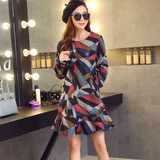 2015秋冬新款韩版女装英伦几何套头长袖毛呢子加厚格子打底连衣裙