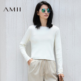 Amii[极简主义]2016秋冬女修身圆领套头纯色短款长袖薄款针织毛衣