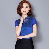 2016春季新款女装韩版镂空蕾丝打底衫修身V领短款上衣小衫女罩衫