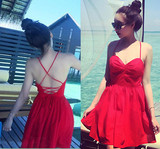 香港代购 韩版新款露背系带吊带连衣裙女 海边夏季性感短裙沙滩裙