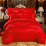 欧式贡缎提花夹棉床盖床单式四件套蕾丝花边纯棉被套婚庆大红床品