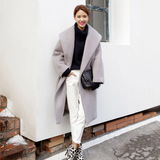 2015秋冬新款宽松显瘦韩版长款羊毛呢外套女系带羊绒呢子大衣加厚