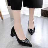 韩版夏季高跟单鞋女浅口粗跟尖头女鞋职业中跟工作鞋子女黑色5cm