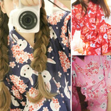 2016春夏日系可爱甜美樱花兔女士睡衣日式长袖和服开衫纯棉家居服