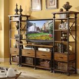 美式乡村复古电视柜 实木电视柜组合黑色书柜置物架隔板木质定制