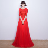 婚礼红色敬酒服蕾丝中袖韩版新娘结婚晚礼服长款修身显瘦长裙女夏