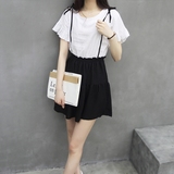 韩版夏季新款荷叶袖棉麻连衣裙女短裙学生黑白拼接假两件吊带裙子