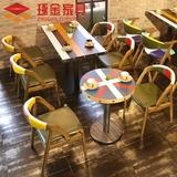 咖啡厅桌椅 甜品店实木椅 时尚拼色复古 米字圆桌 主题西餐厅桌椅