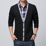 秋冬男士长袖T恤男装宽松t恤衫青年韩版针织假两件衬衫领棉质大码