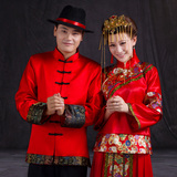 中式婚礼红色新郎长袖秀禾服男士唐装中山装结婚礼服敬酒服古装
