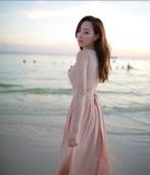 代购宾迪奥2016春夏装新款沙滩裙裸粉色雪纺显瘦连衣裙长裙女装