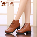 正品Camel骆驼女靴2015秋新英伦时尚中跟女鞋 牛皮系带方跟女短靴