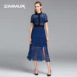 ZIMMUR2016夏装新款短袖中腰修身欧美时尚长款蕾丝镂空连衣裙长裙