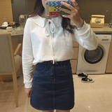 夏季女装韩版新款日系软妹可爱系带荷叶领针织衫长袖纯色打底衬衣