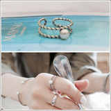 S925纯银做旧复古双圈珍珠可调节戒指女韩国潮人百搭食指环银饰