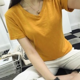 韩国夏季纯棉短袖t恤女宽松大码学生女士韩版纯色竹节棉半袖上衣