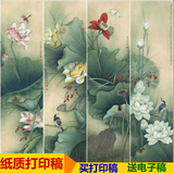 TP7高清国画荷花四尺条屏白描打印底稿 原大版传统工笔花卉山水画