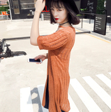夏季新款韩版V领性感镂空薄款针织打底衫 中长款开叉T恤连衣裙女