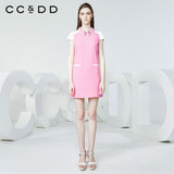 CCDD2016夏装新款专柜正品四面弹乱麻直筒裙双层领撞色拼接连衣裙