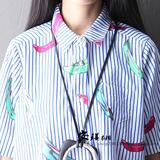 【安 琪】外单◆新款夏装条纹印花显瘦衬衫 女韩版休闲中长款开衫
