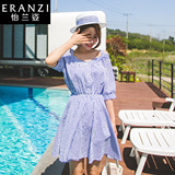 ERANZI夏季新款裙子韩版一字肩连衣裙蓝细条纹露肩清新吊带裙修身